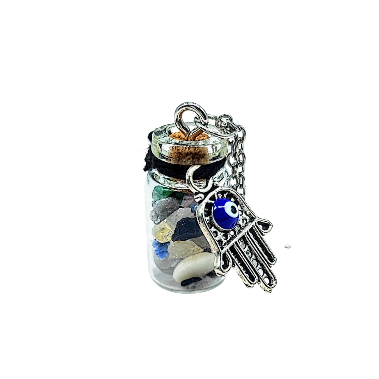 Necklace -Gemstone Chips & Fatima Hand -Glass Bottle Mixed Gemstones Chips