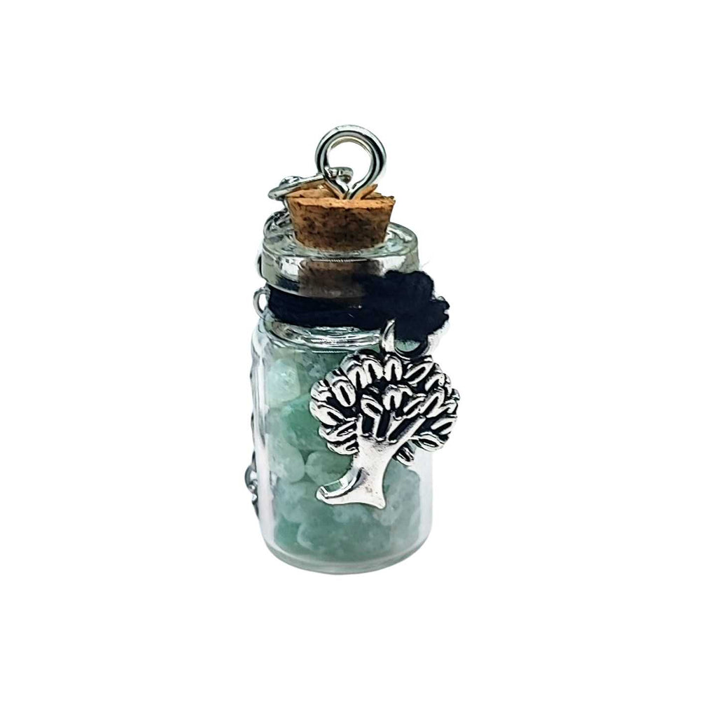 Necklace -Gemstone Chips & Tree of Life -Glass Bottle Green Aventurine