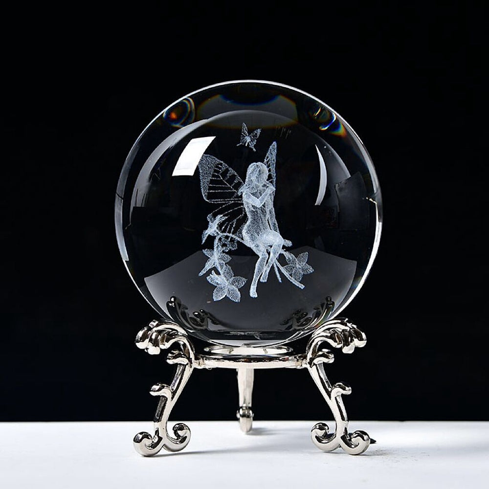 Home Decor - Crystal Ball on Wooden Led Stand - Carving Fairy - Arômes et Évasions