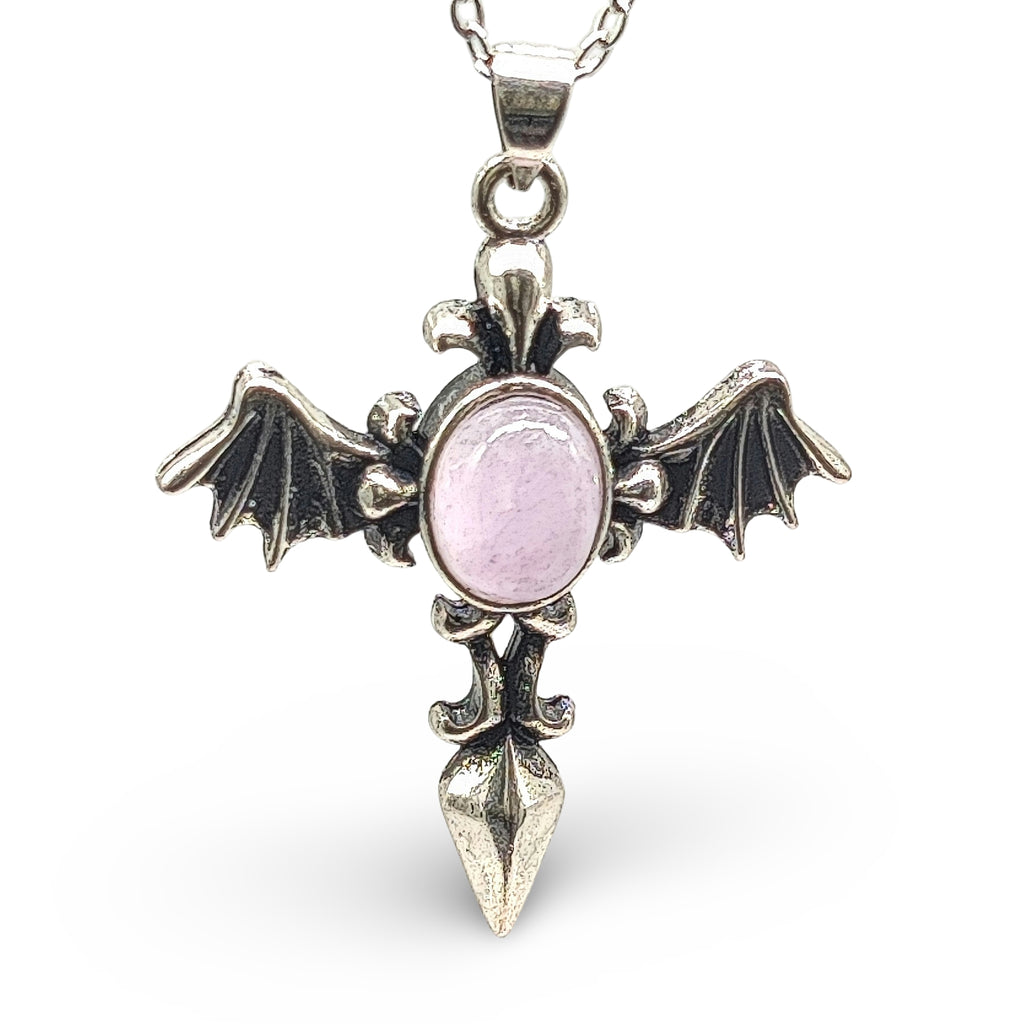 Necklace -Angel Wing Cross -Antique Silver -Charoite Gemstone