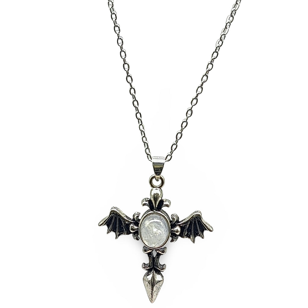 Necklace -Angel Wing Cross -Antique Silver -Rainbow Moonstone