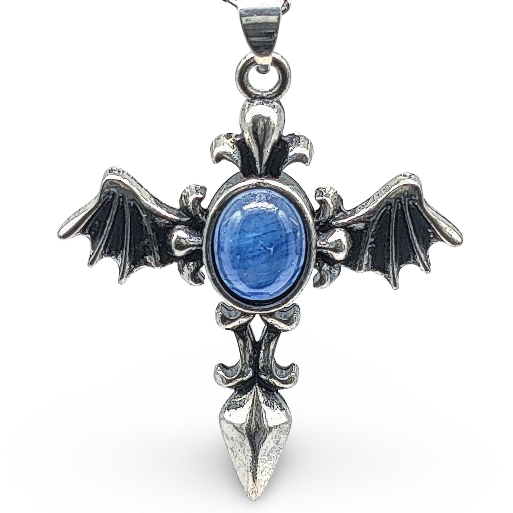Necklace -Angel Wing Cross -Antique Silver -Kyanite