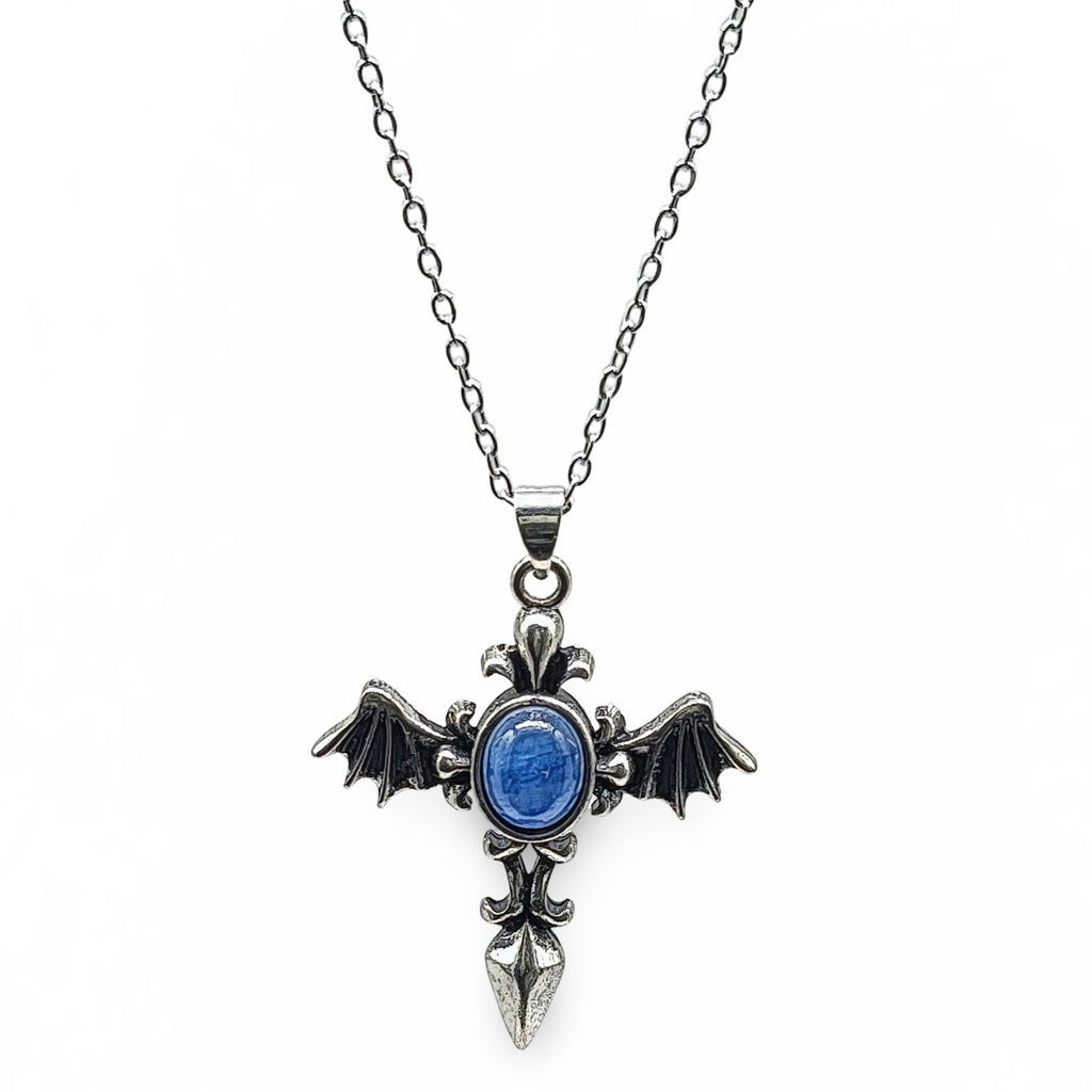 Necklace -Angel Wing Cross -Antique Silver -Kyanite