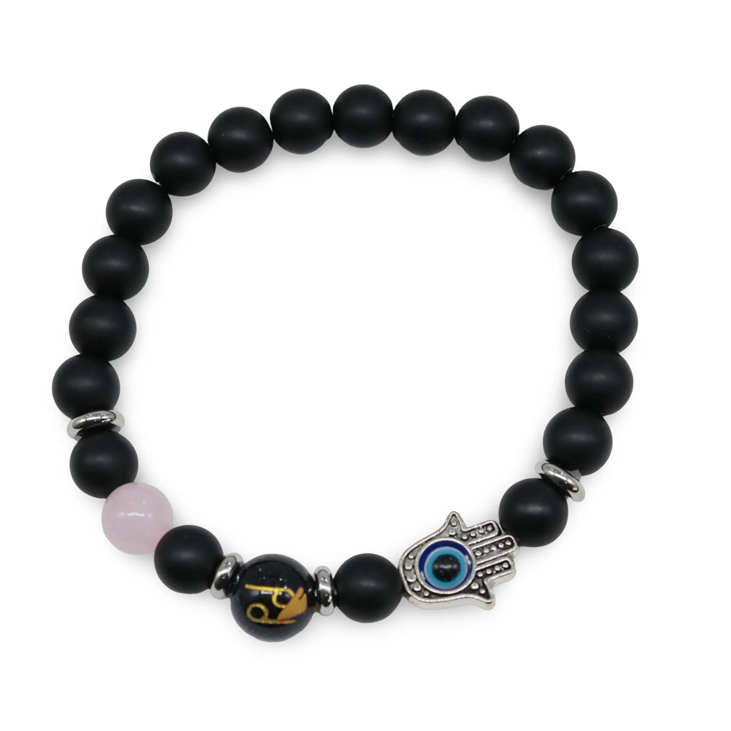 Bracelet - Natural Black Agate - Constellation - Fatima Hand - 8mm Cancer - Rose Quartz