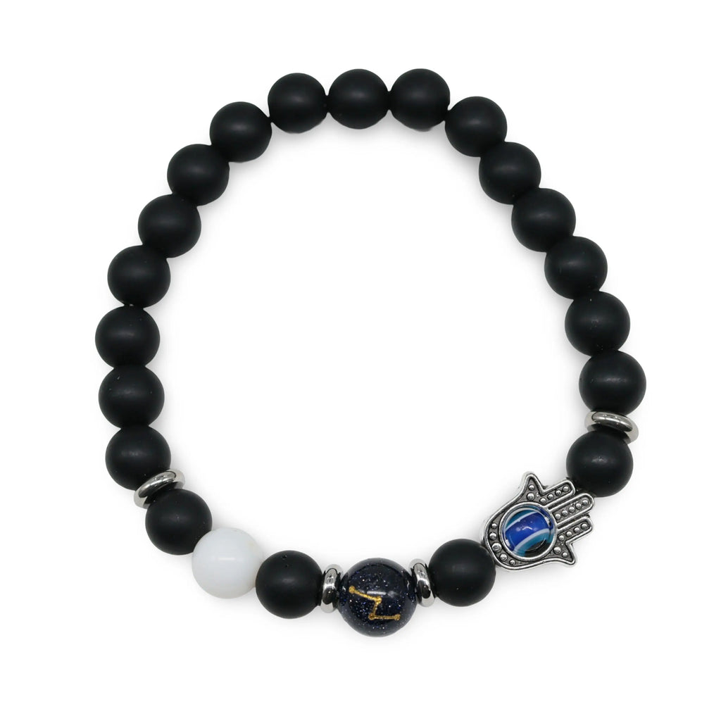 Bracelet - Natural Black Agate - Constellation - Fatima Hand - 8mm Virgo - Shell Pearl