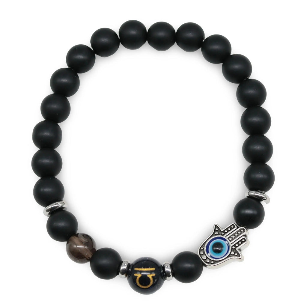 Bracelet - Natural Black Agate - Constellation - Fatima Hand - 8mm Libra - Smoky Quartz