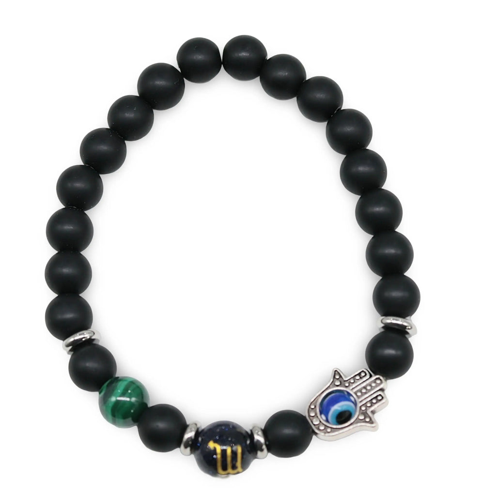 Bracelet - Natural Black Agate - Constellation - Fatima Hand - 8mm Scorpio - Malachite