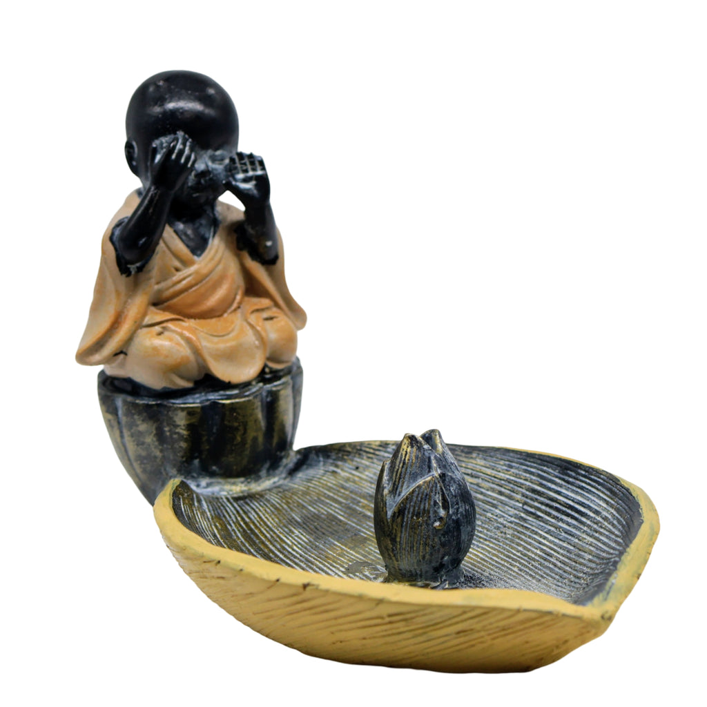 Incense Burner - Sticks, Cones & Smudge - Ceramic - Baby Monk on Lotus Leaf