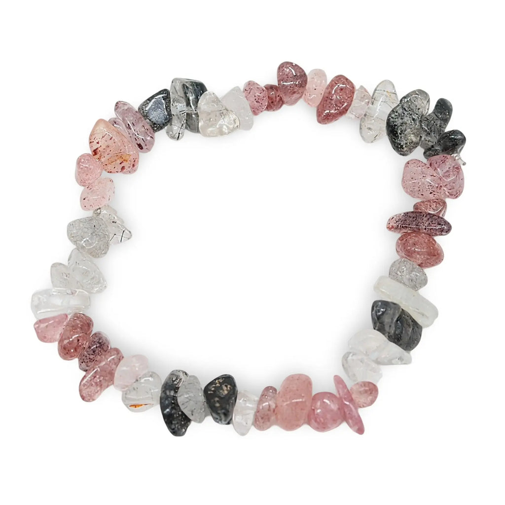 Bracelet - Tourmalinated Quartz, Black Rutilated Quartz & Strawberry Quartz - Chips