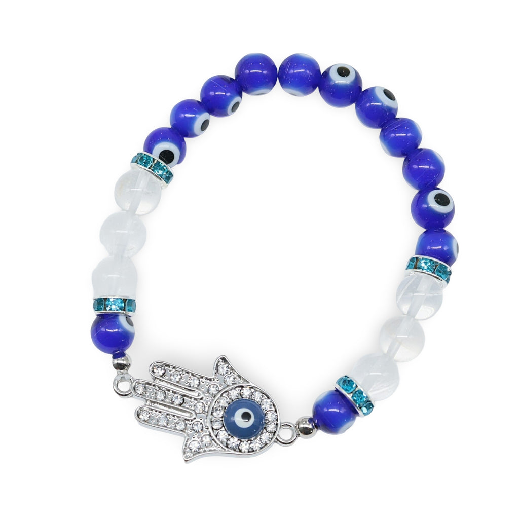 Bracelet - Crystal Quartz - Evil Eye - Zirconia Fatima Hand - 8mm