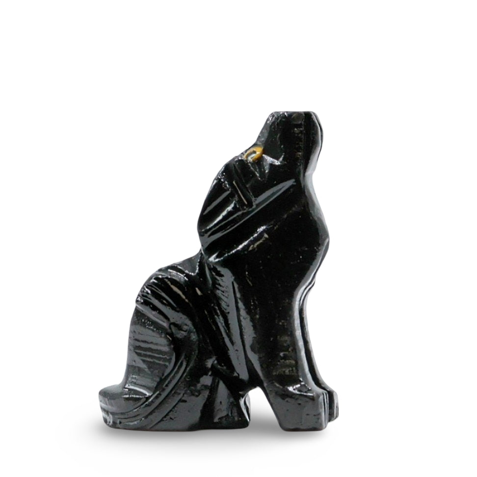 Spirit Animal - Carved Stone - Black Onyx - Wolf with Moon