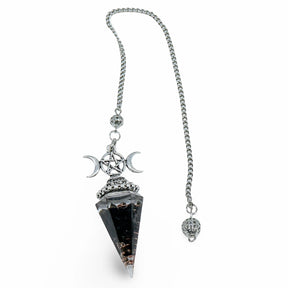 Pendulum – Obsidian Chip & Resin Orgonite with Triple Moon Pentagram Charm