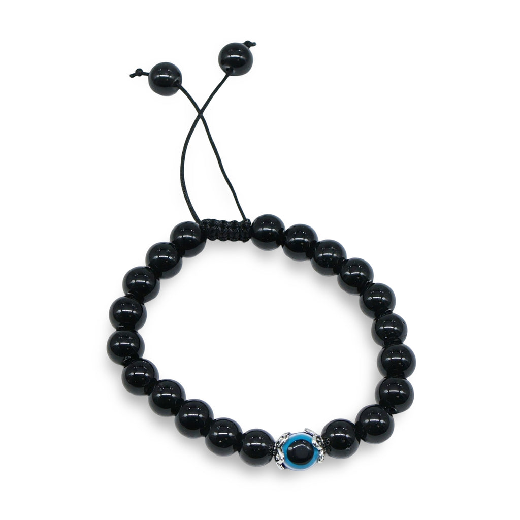 Bracelet - Black Agate & Evil Eye - Adjustable - 8mm