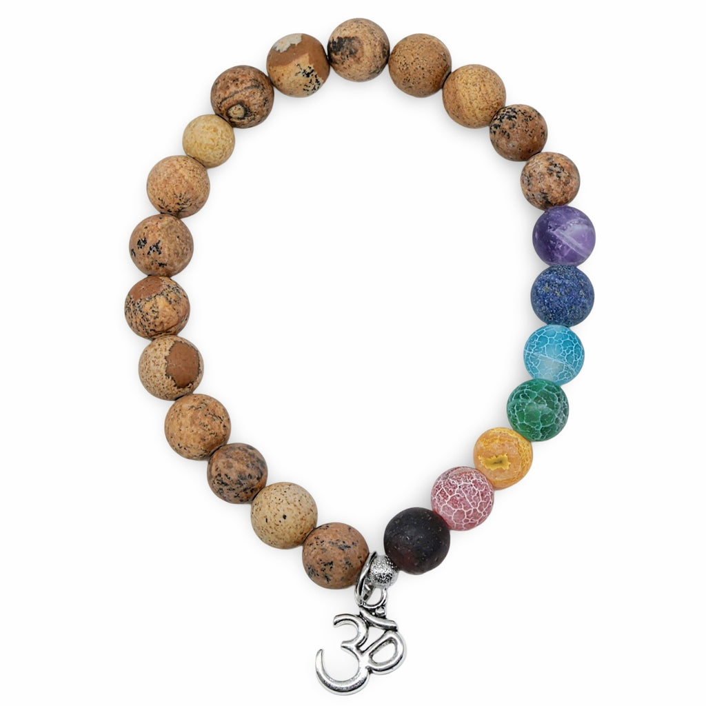 Bracelet - Jasper & 7 Chakras with Om Charm - 8mm