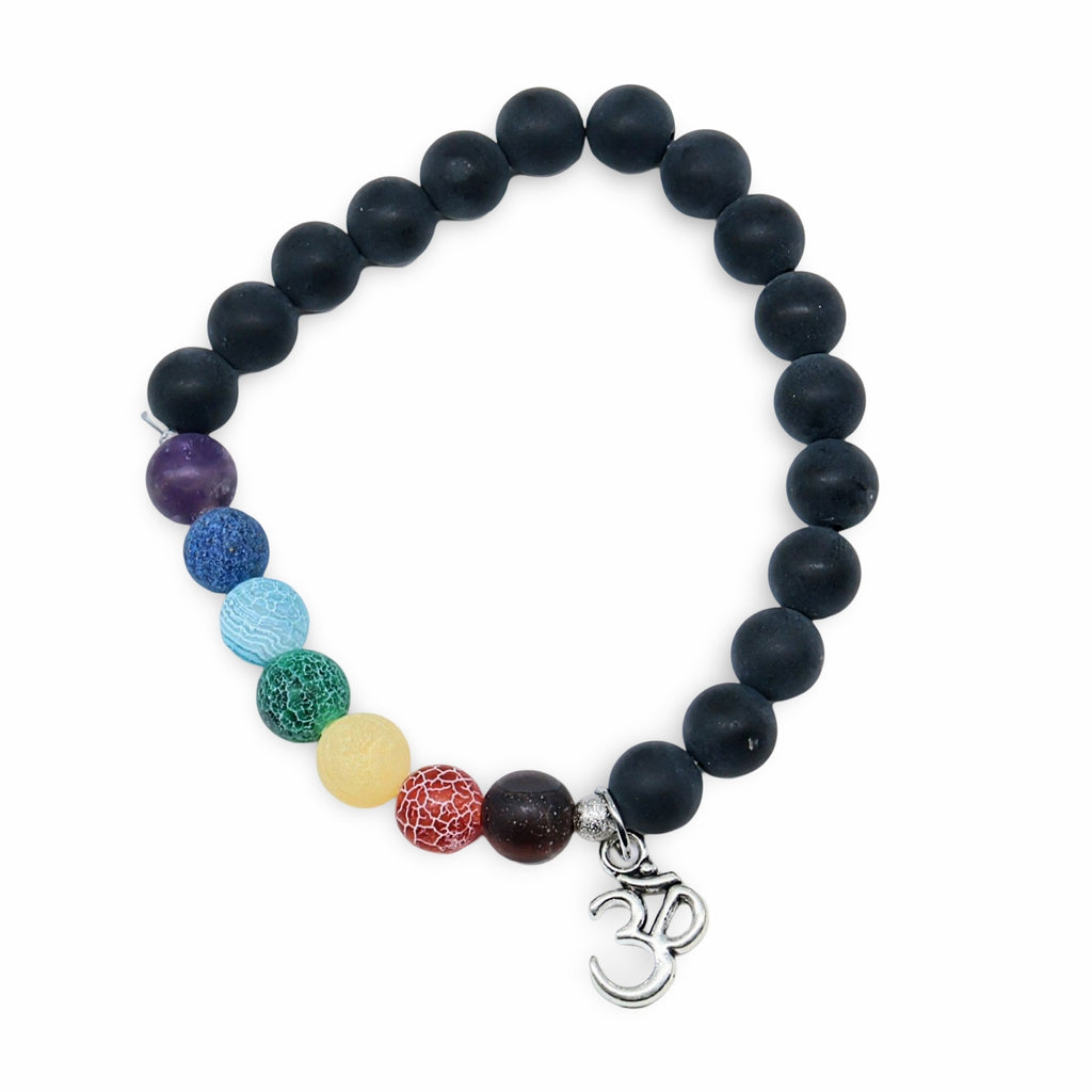 Bracelet - Black Agate & 7 Chakras with Om Charm - 8mm