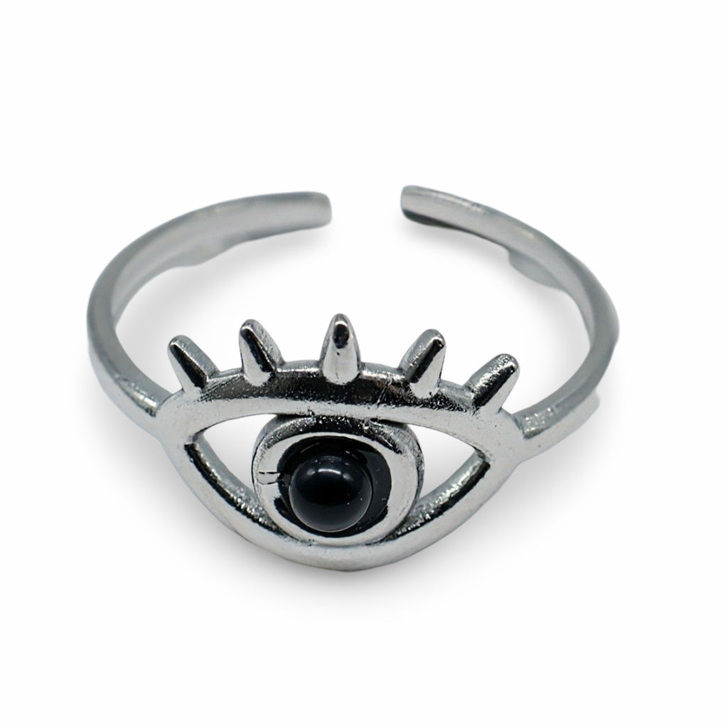 Ring - Black Agate - Evil Eye - Adjustable