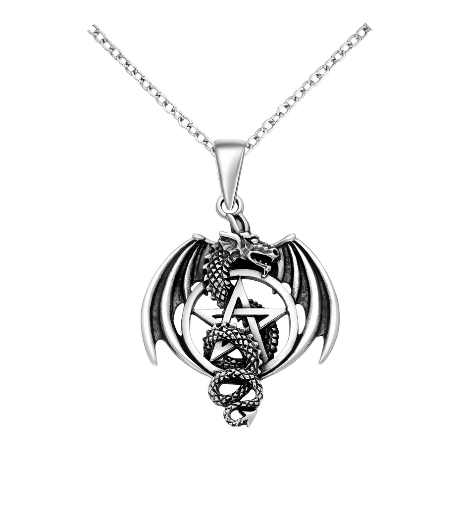 Necklace - 925 Sterling Silver - Dragon & Pentacle