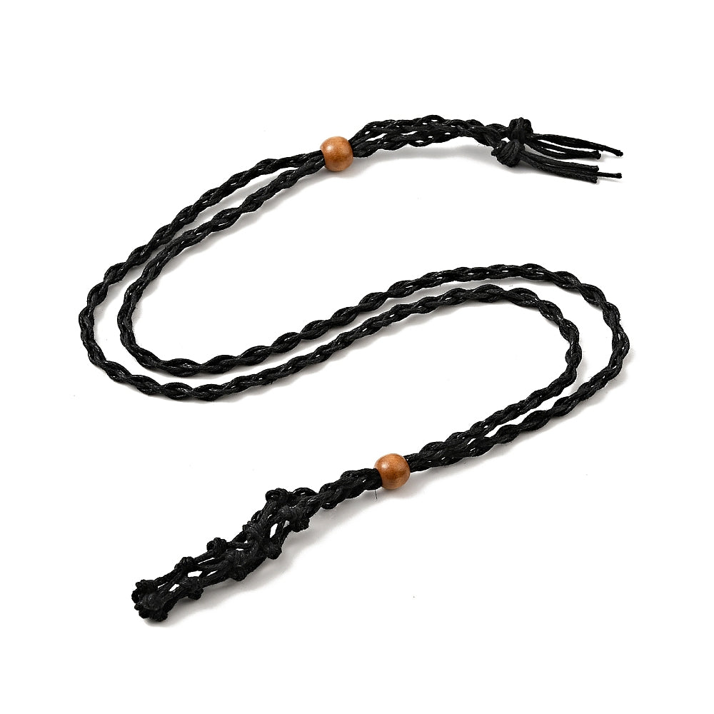 Necklace - Braided Wax Cord Macrame Pouch - Black