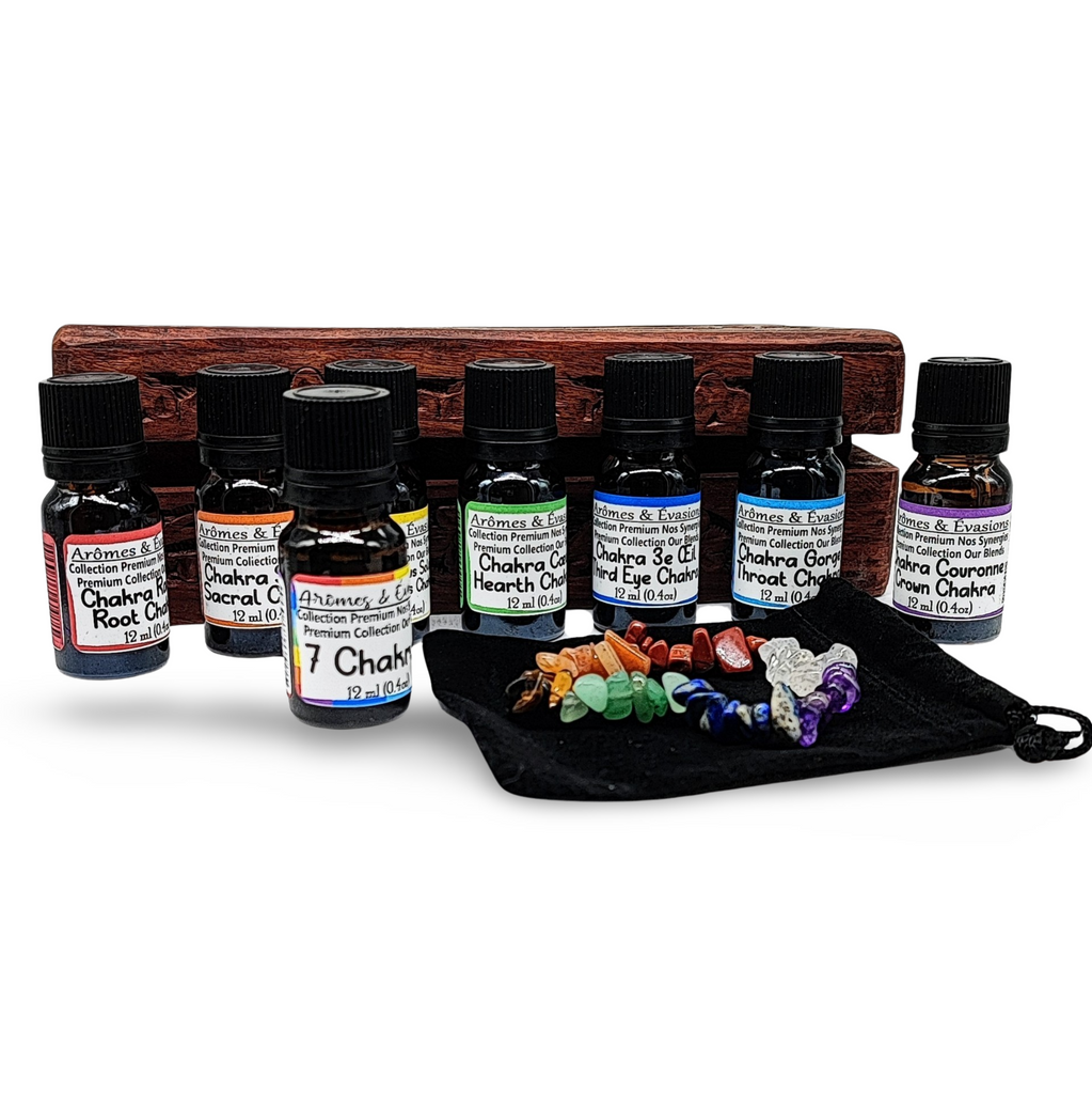 7 Chakras -Essential Oil & Bracelet -Deluxe Gift Set with Wood Box -Limited Edition