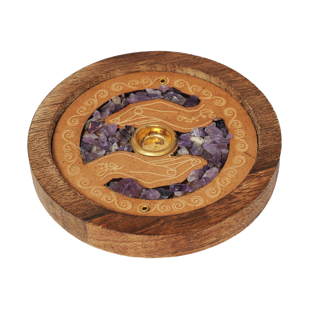 Incense Burner - Wood - Healing Hands & Amethyst