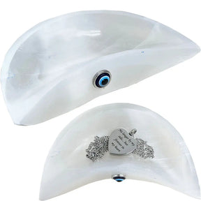 Home Decor - Half Moon - Selenite Stone Bowl with Evil Eye