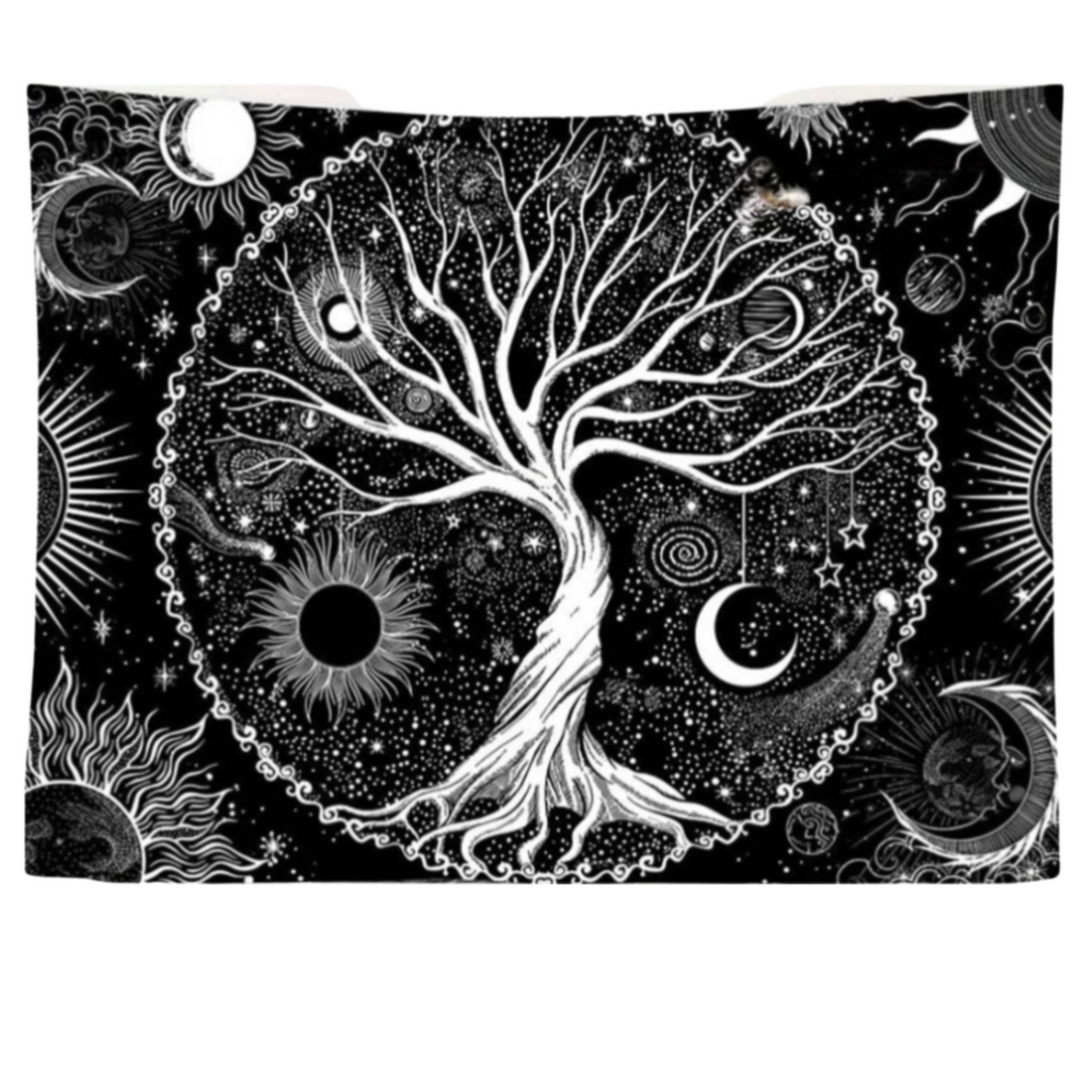 Banner -Tapestry -Tree of Life -Black & White - Arômes et Évasions