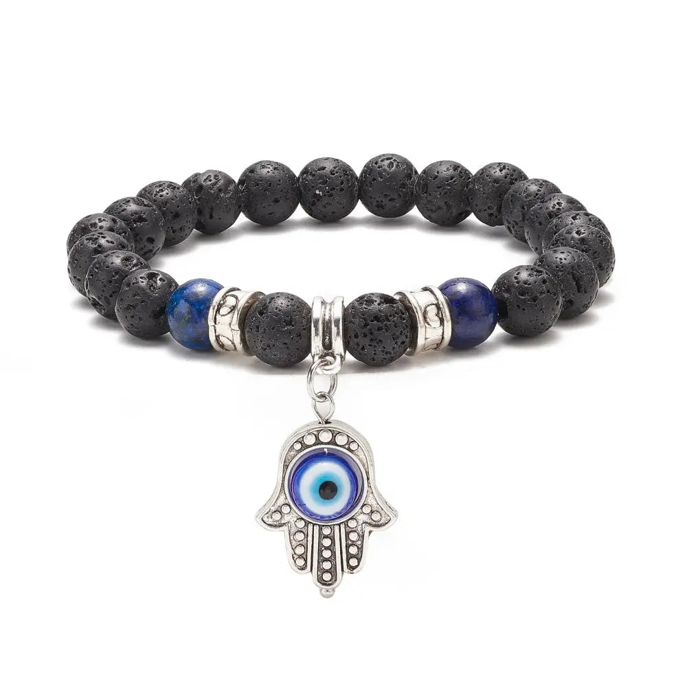 Bracelet -Lava & Lapis Lazuli with Fatima Hand & Evil Eye Charm -8mm