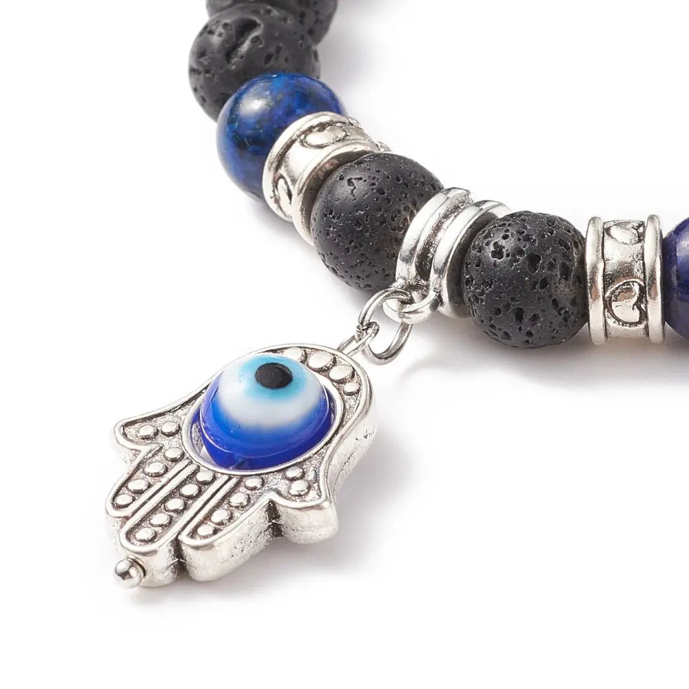 Bracelet - Lava & Lapis Lazuli with Fatima Hand & Evil Eye Charm - 8mm