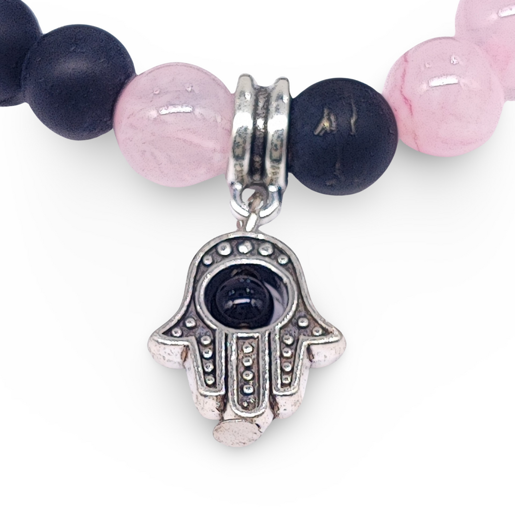 Bracelet -Black Agate Frosted Beads -Rose Quartz Beads -Fatima Hand -8mm - Arômes et Évasions