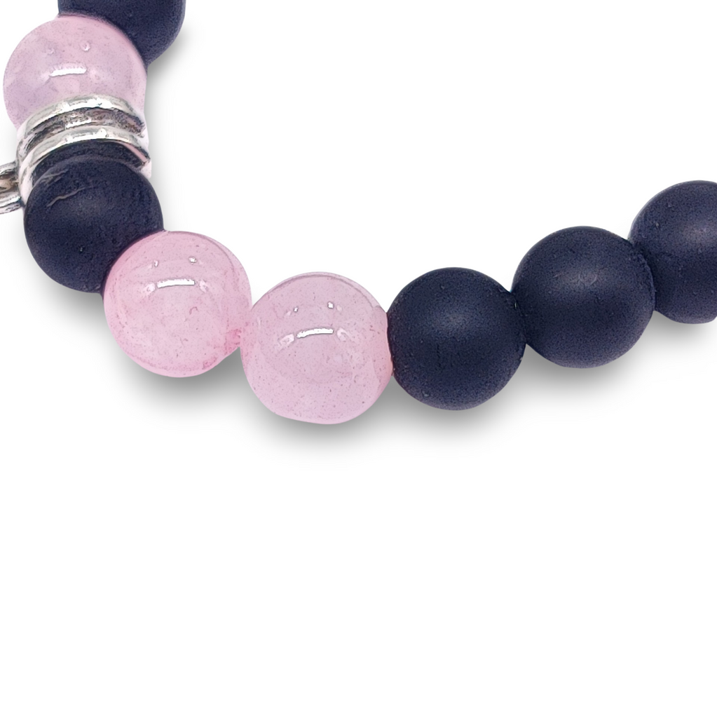 Bracelet -Black Agate Frosted Beads -Rose Quartz Beads -Fatima Hand -8mm