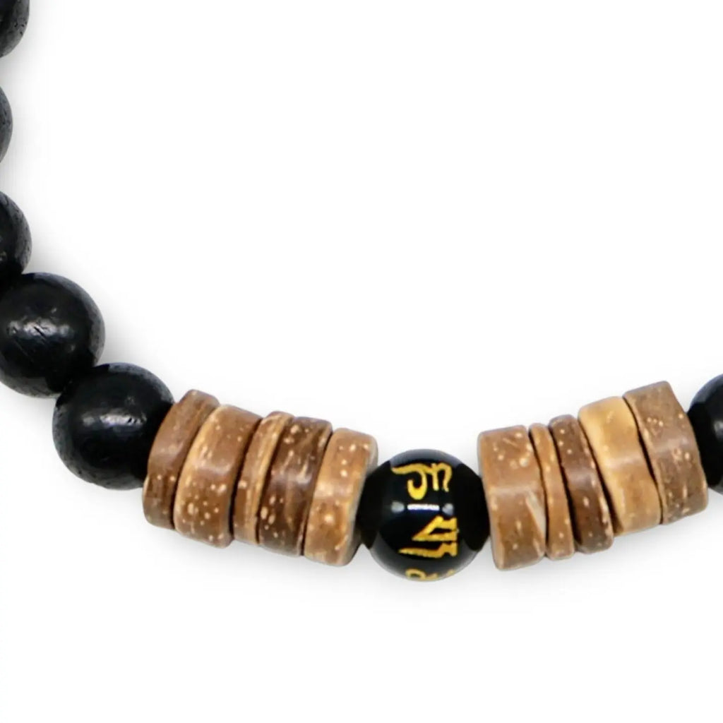 Bracelet - Natural Black Obsidian with Natural Wood Beads - 8mm