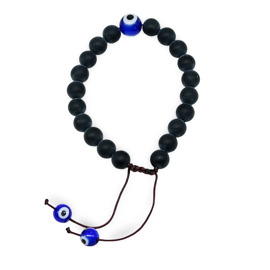 Bracelet - Natural Frosted Black Agate with Evil Eye - Adjustable - 8mm