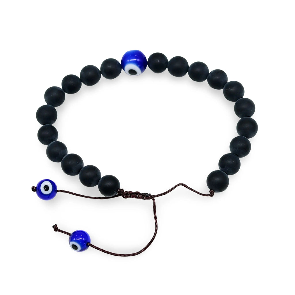 Bracelet - Natural Frosted Black Agate with Evil Eye - Adjustable - 8mm