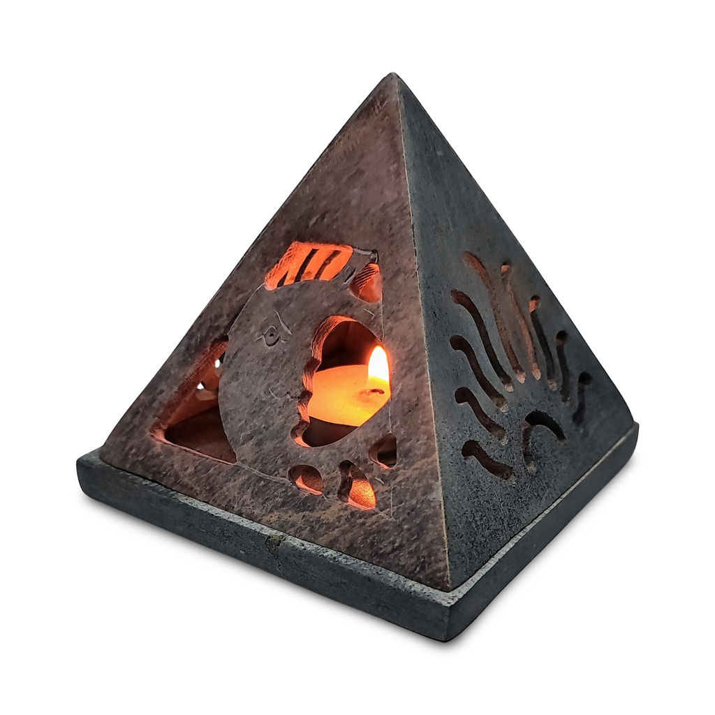 Candle & Incense Holder -Soapstone Pyramid -Sun & Moon