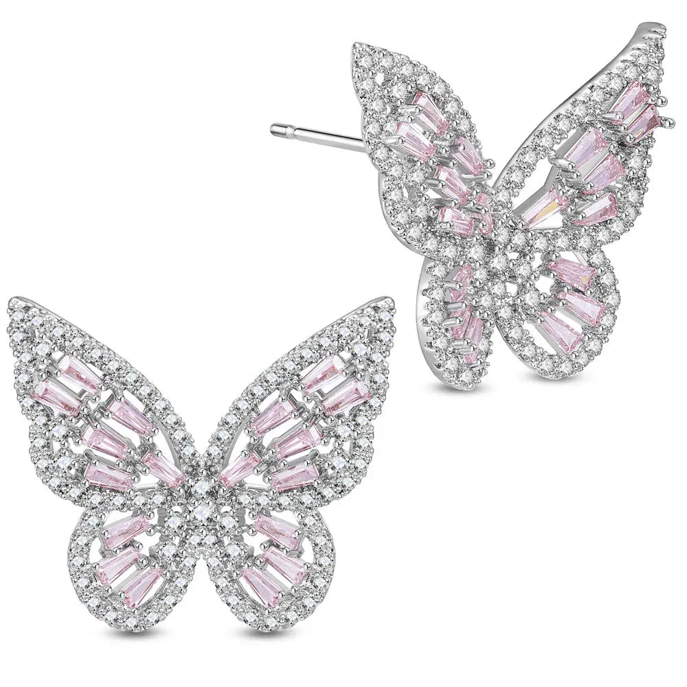 Earrings -925 Sterling -Natural Zircon -Pink Butterfly