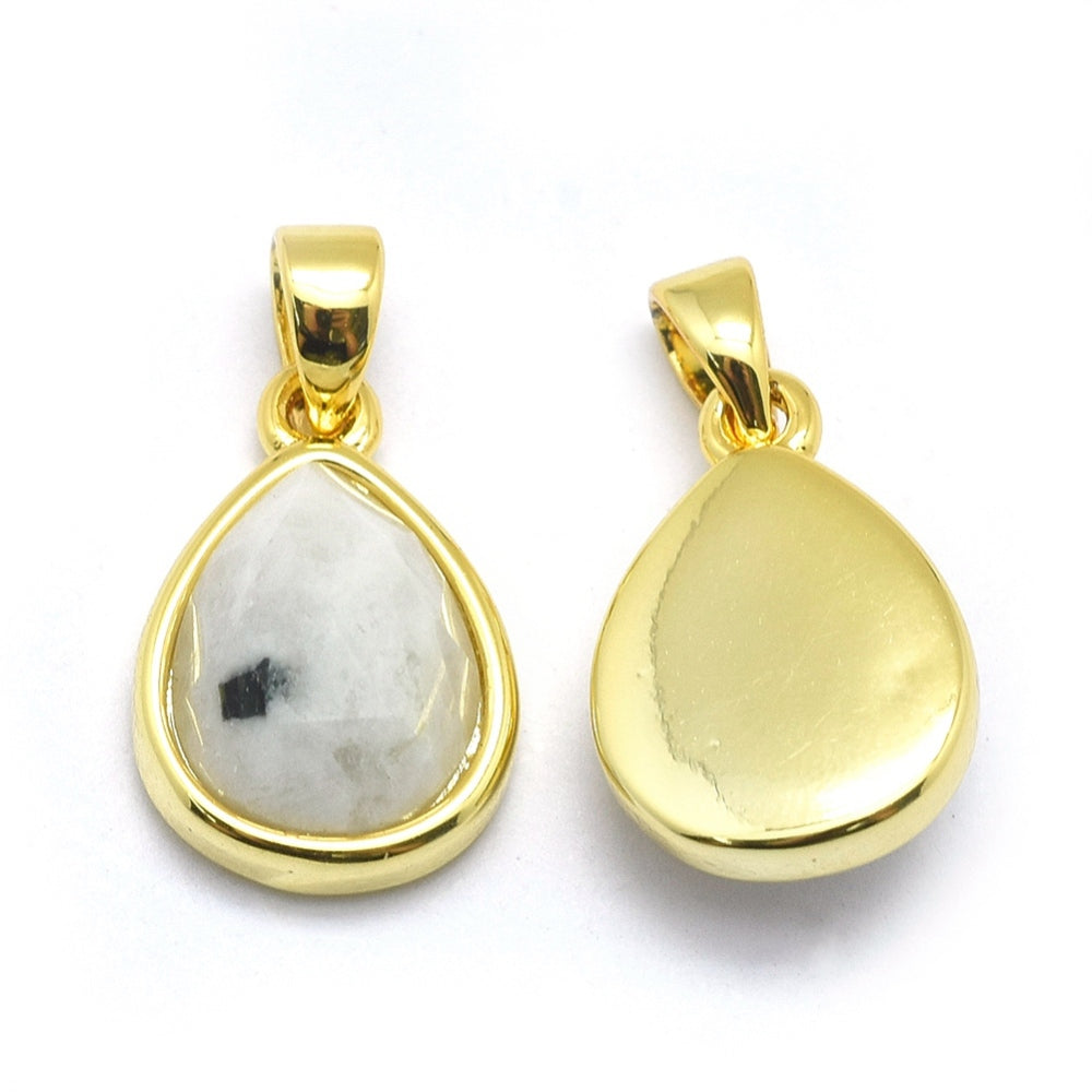 Necklace - Natural Rainbow Moonstone with Golden Tone Brass - Teardrop Shape