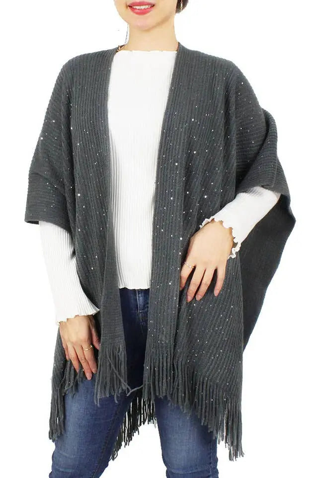 Clothing -Sequins Knit Cape Grey