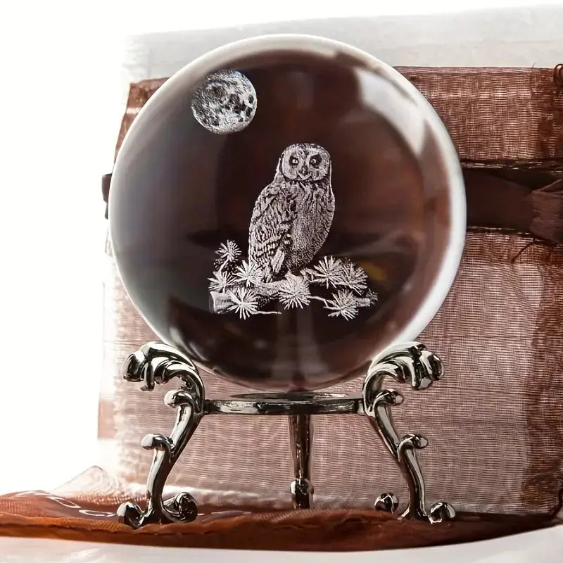 Home Decor -Crystal Ball on Led Stand -Carved Owl