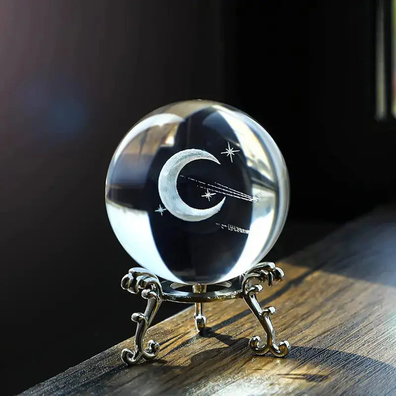 Home Decor -Crystal Ball on Led Stand -Carved Moon