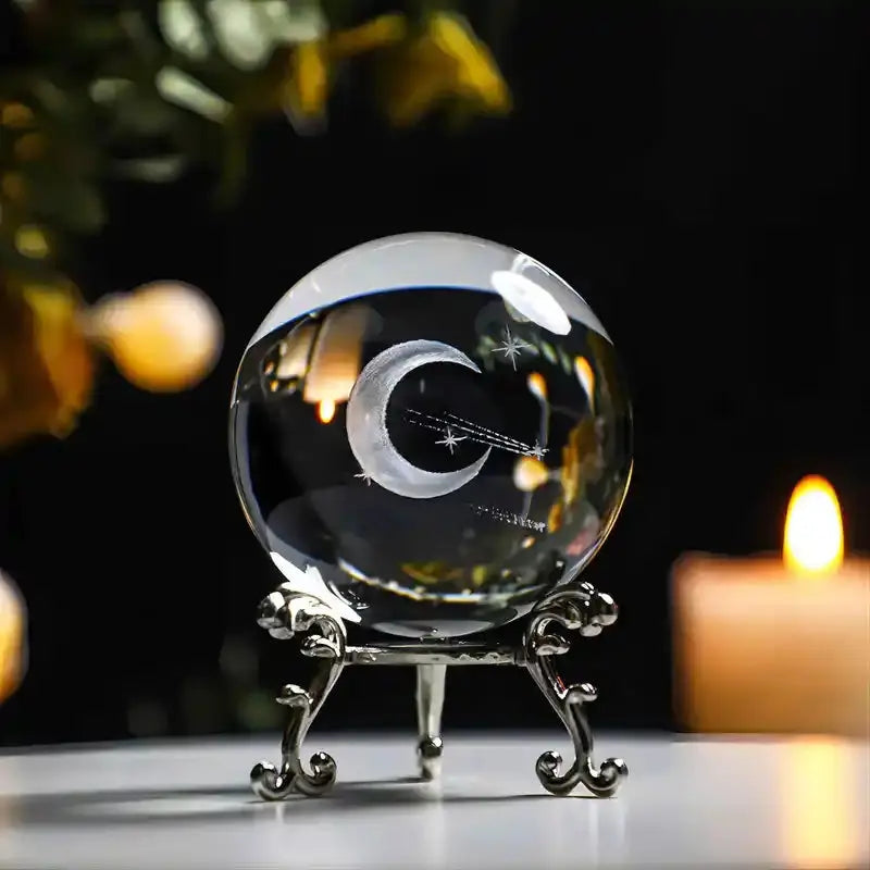 Home Decor -Crystal Ball on Led Stand -Carved Moon