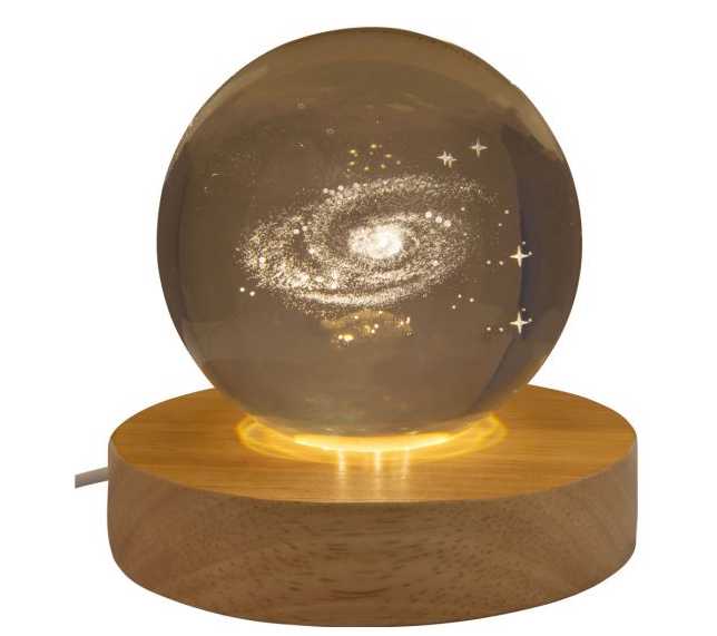 Home Decor -Glass Crystal Ball -Engrave Universe -With LED Light Wood Base -3″