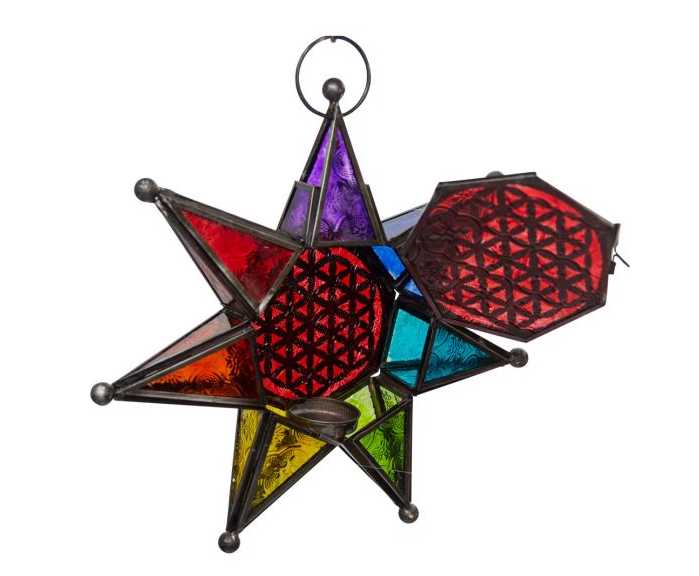 Home Decor -Glass & Metal Lantern -7 Chakras & Flower of Life