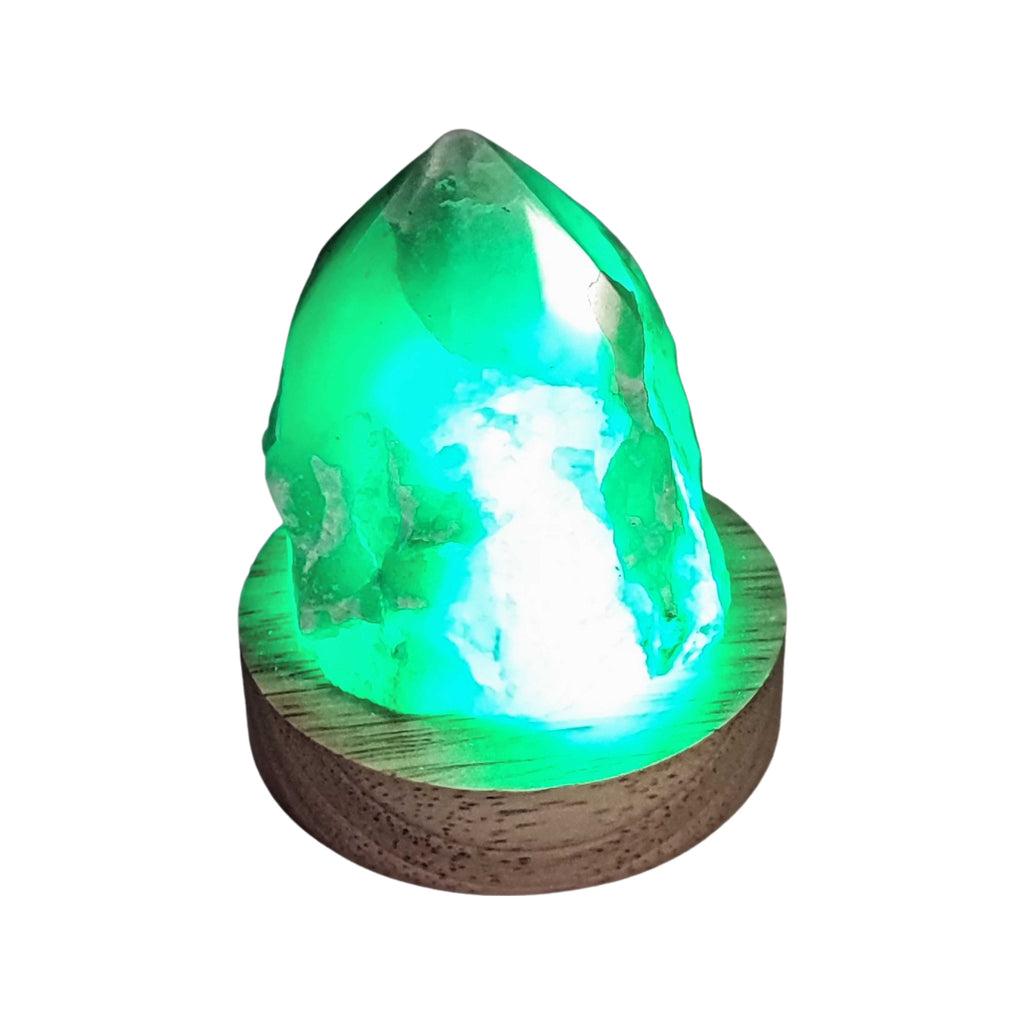 Home Decor -Mini Lamp -Green & White Quartz -Wooden Base Light