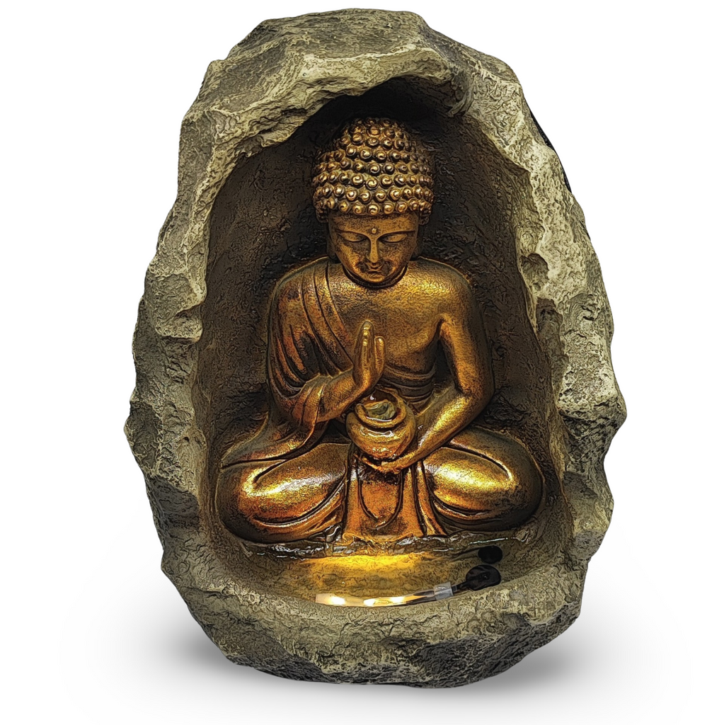 Home Decor -Fountain -Golden Buddha with Light - Arômes et Évasions