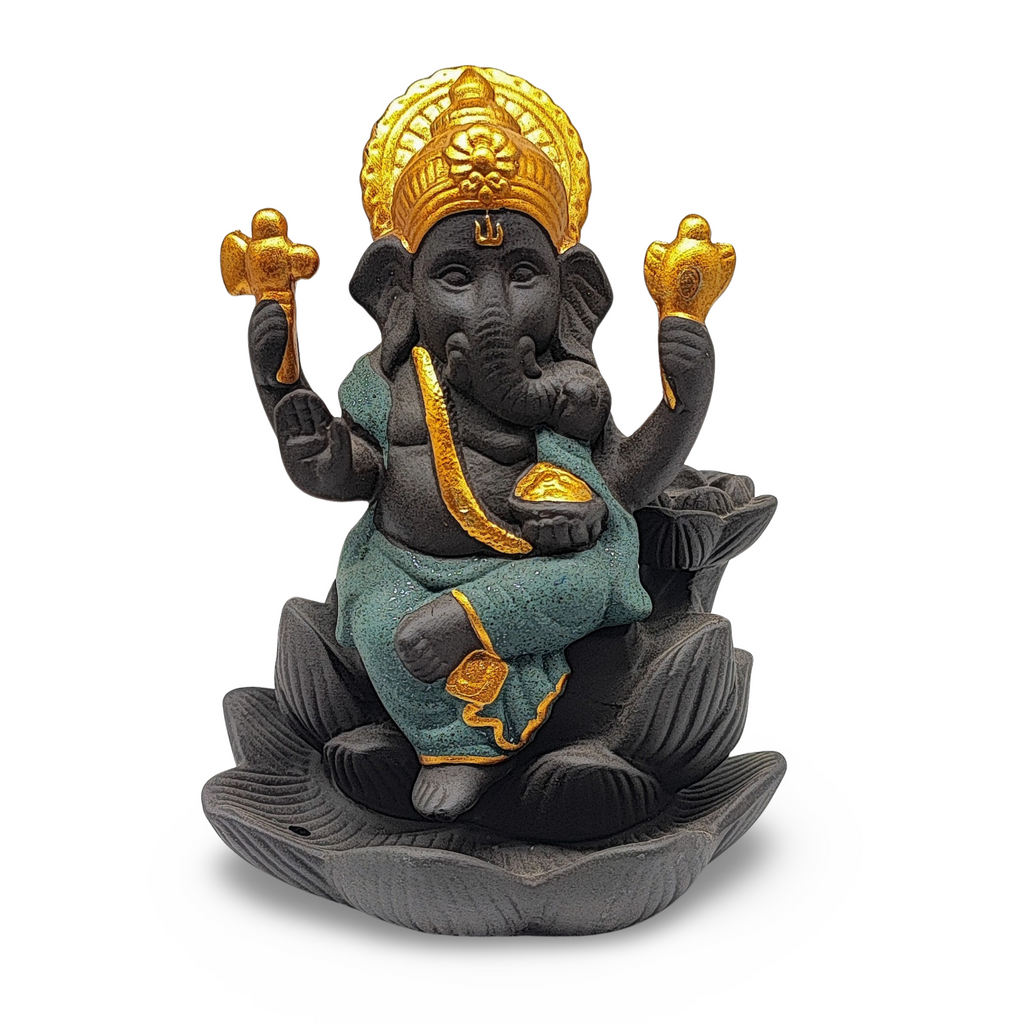 Incense Burner -Ceramic -Backflow & Stick Holder -Ganesha Green