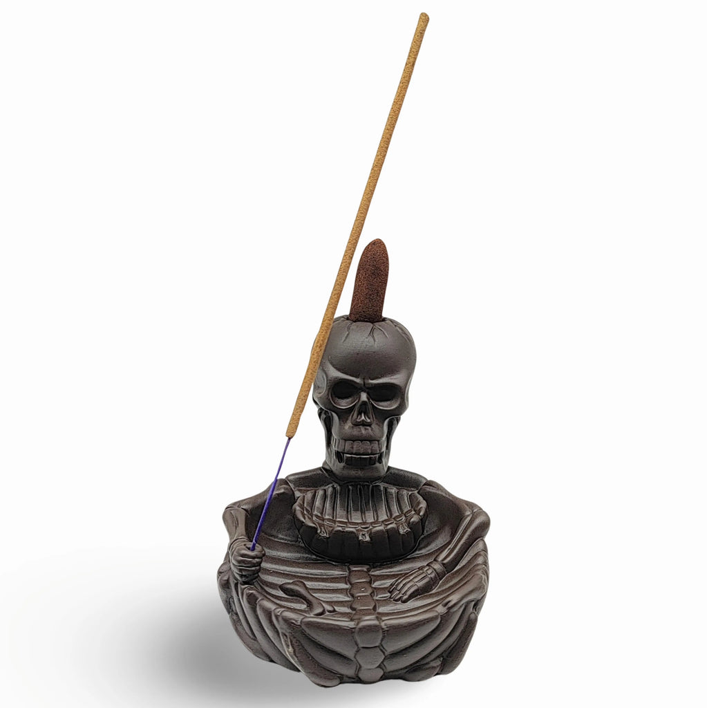 Incense Burner -Ceramic -Backflow & Sticks Holders -Zen Skull Oasis Brown