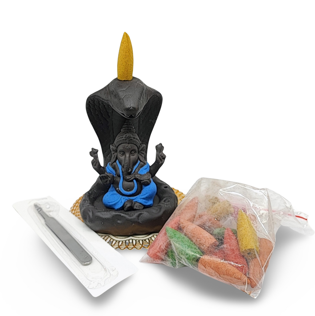 Incense Burner Kit -Ceramic -Backflow & Stick Holder -Ganesha with Snake -Blue