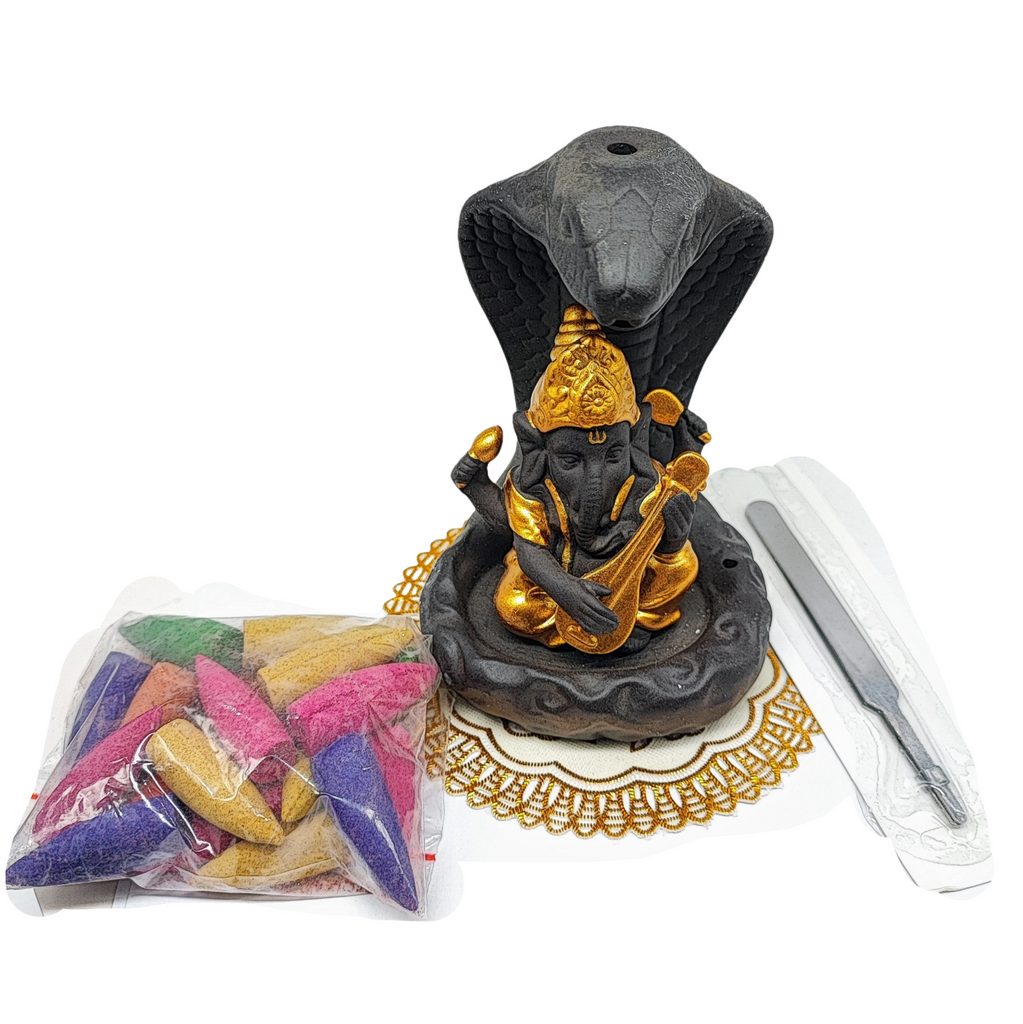 Incense Burner Kit -Ceramic -Backflow & Stick Holder -Ganesha with Snake -Gold