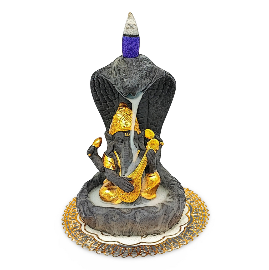 Incense Burner Kit -Ceramic -Backflow & Stick Holder -Ganesha with Snake -Gold