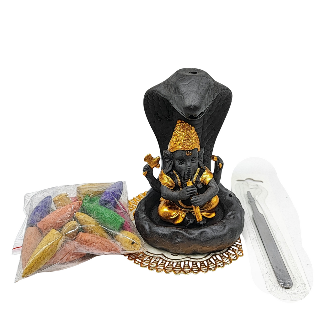 Incense Burner Kit -Ceramic -Backflow & Stick Holder -Ganesha with Snake -Yellow